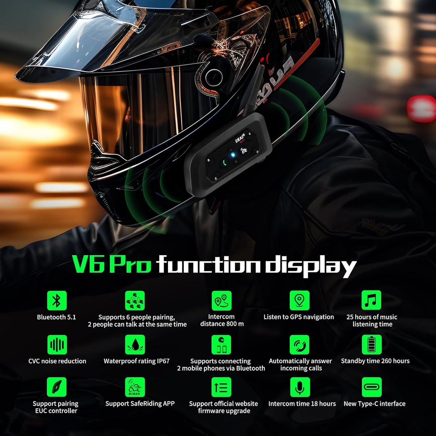 EJEAS V6 Pro Helmet Intercom Communication System V6 Motorcycle Bluetooth On Ear Headphones Connect Up to 6 Riders 1200M V6 Pro(1 Pack)