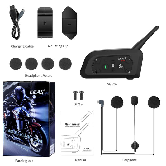 EJEAS V6 Pro Helmet Intercom Communication System V6 Motorcycle Bluetooth On Ear Headphones Connect Up to 6 Riders 1200M V6 Pro(1 Pack)